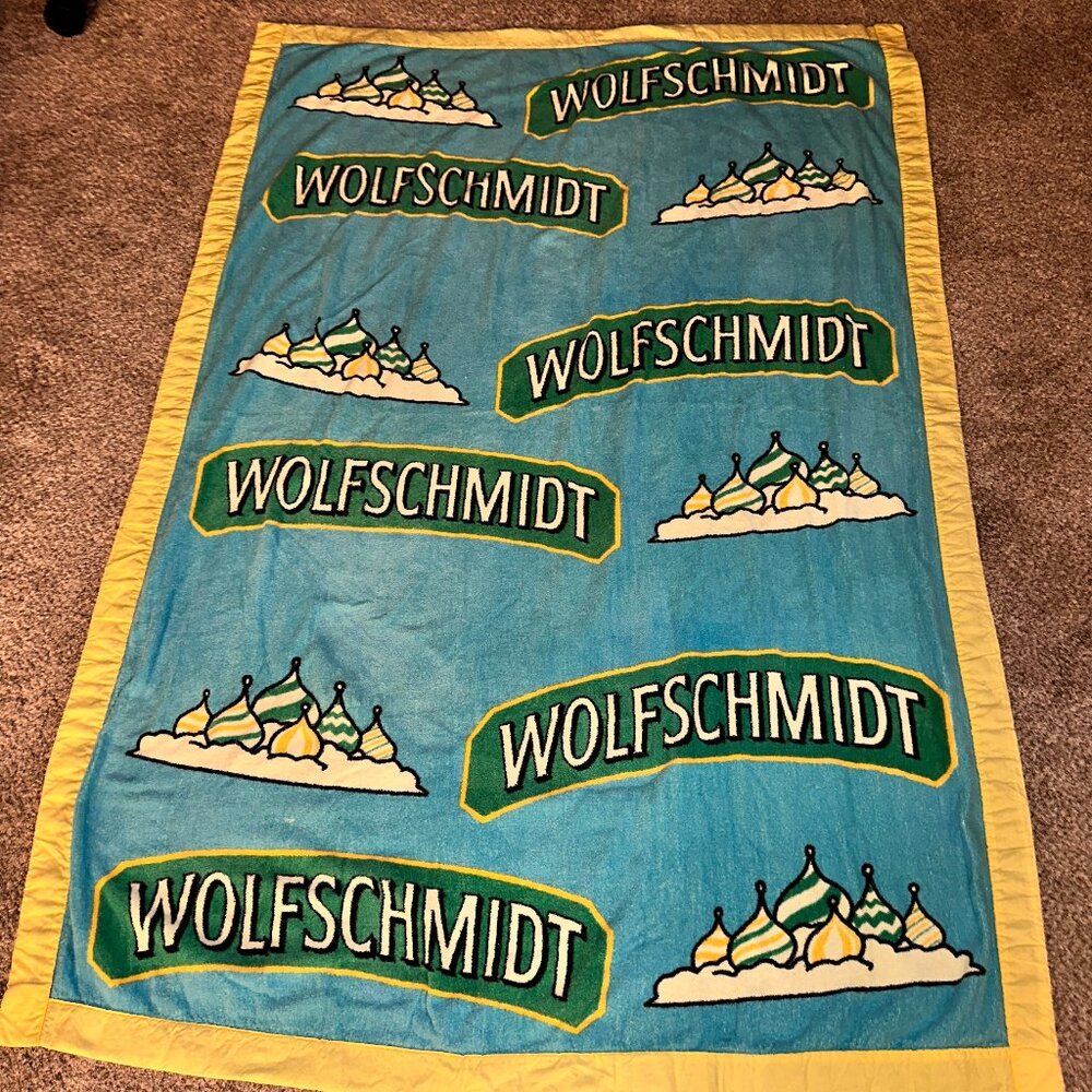 Vintage 80s 90s Wolfschmidt Vodka Large Oversized Beach Towel Blanket 45" x 67"
